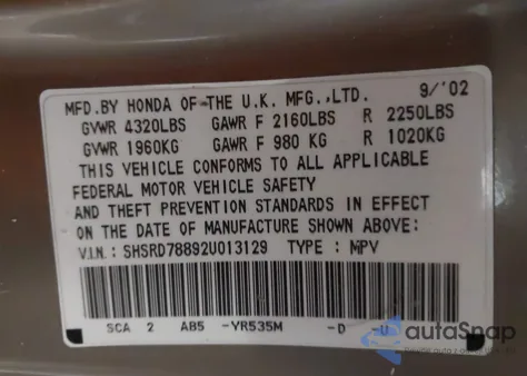 2002 Honda Cr-V Ex z USA, uszkodzony, nr VIN SHSRD78892U013129